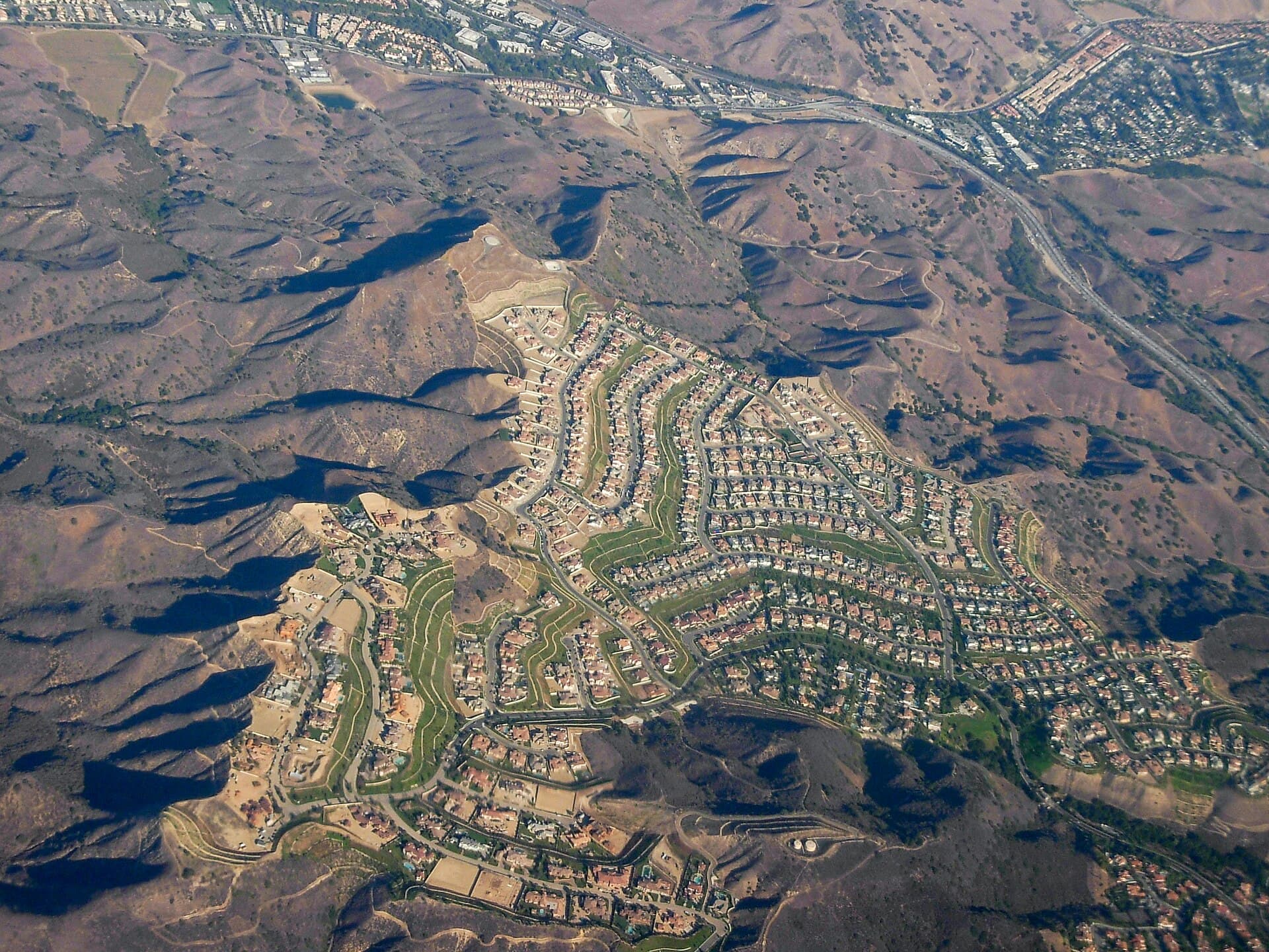 Aerial view over Calabasas and the surrounding hills