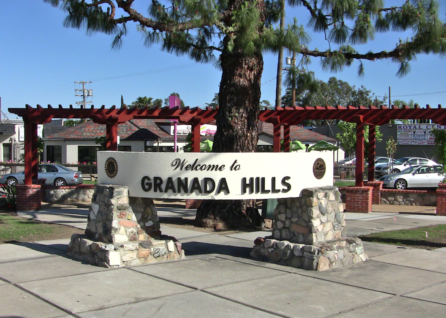 The "Welcome to Granada Hills" monument in Veterans Triangle on Chatsworth Street