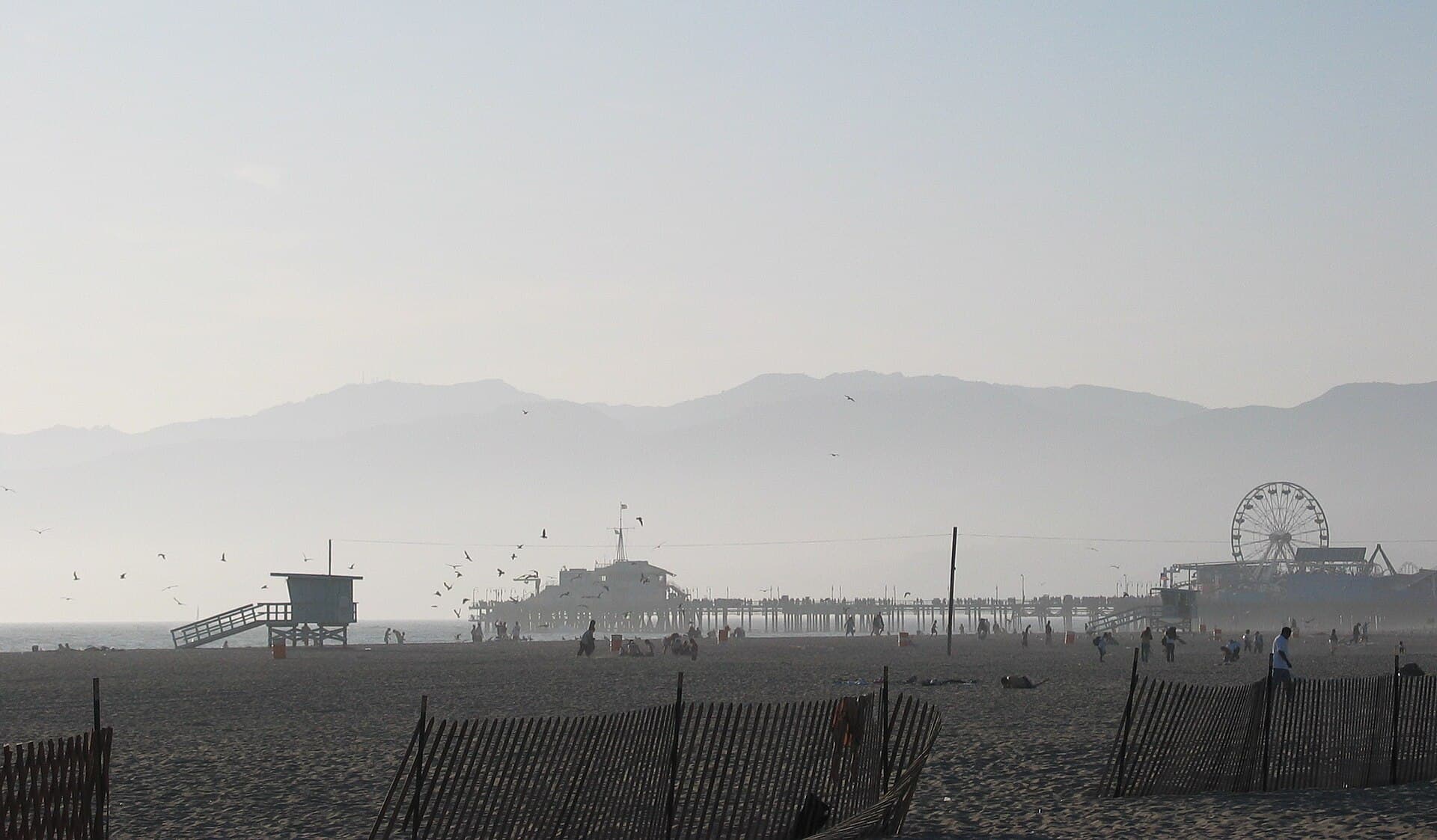 Santa Monica beach and the Santa Monica Pier at dusk