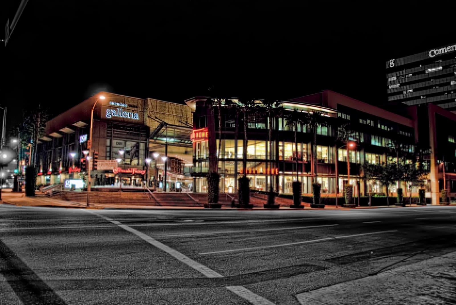The Sherman Oaks Galleria complex illuminated at night at Ventura and Sepulveda Boulevards