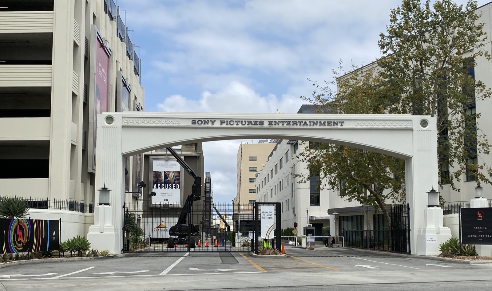 The Sony Pictures Studios entrance gate off Culver Boulevard in Culver City