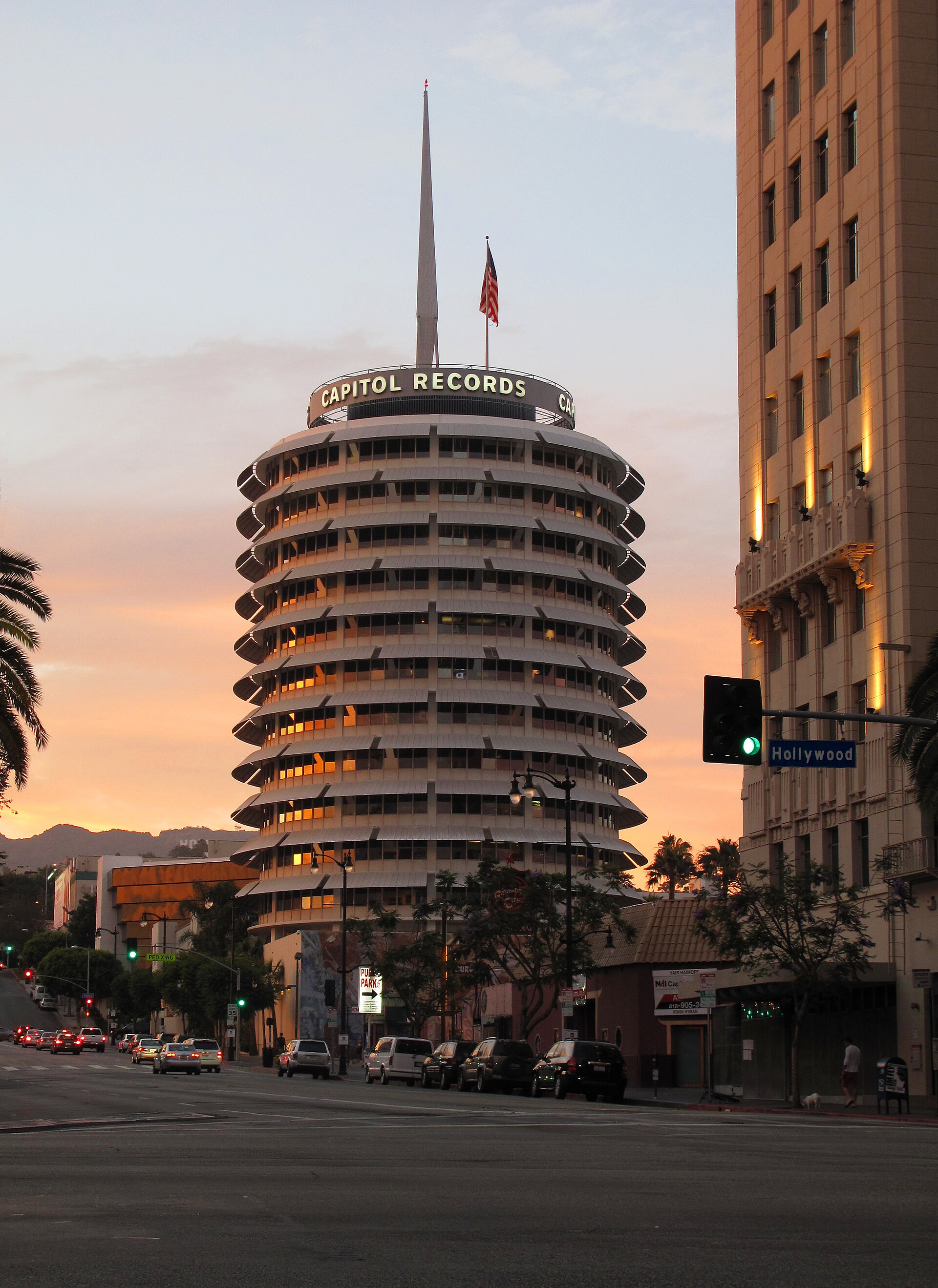 The Capitol Records Building at sunset in Hollywood