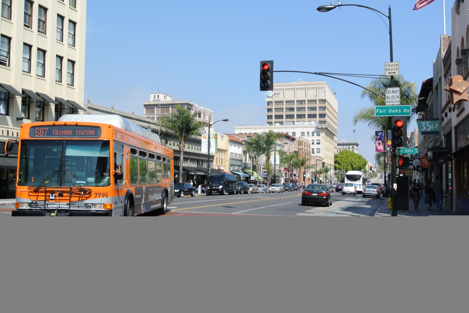 Storefronts at Colorado Boulevard and Fair Oaks Avenue in Old Pasadena's historic shopping district
